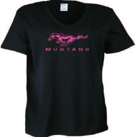 Womens T-Shirt Black with Pink Glitter Mustang logo